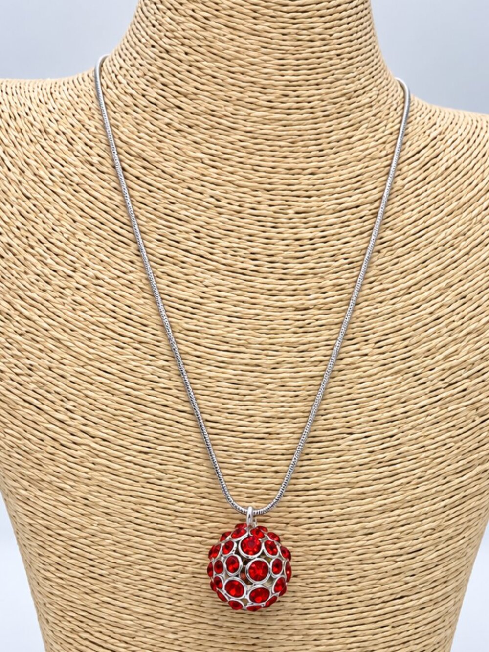 Red Rhinestone Crystal Ball Pendant Silver Tone Necklace